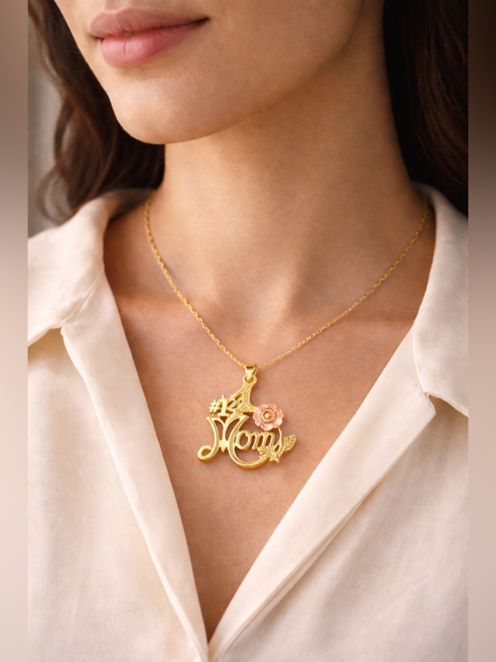 10K Solid Gold Tri-Color #1 Mom Pendant Rose Gold Real Gold Mothers Day Gift - Picture 2 of 6